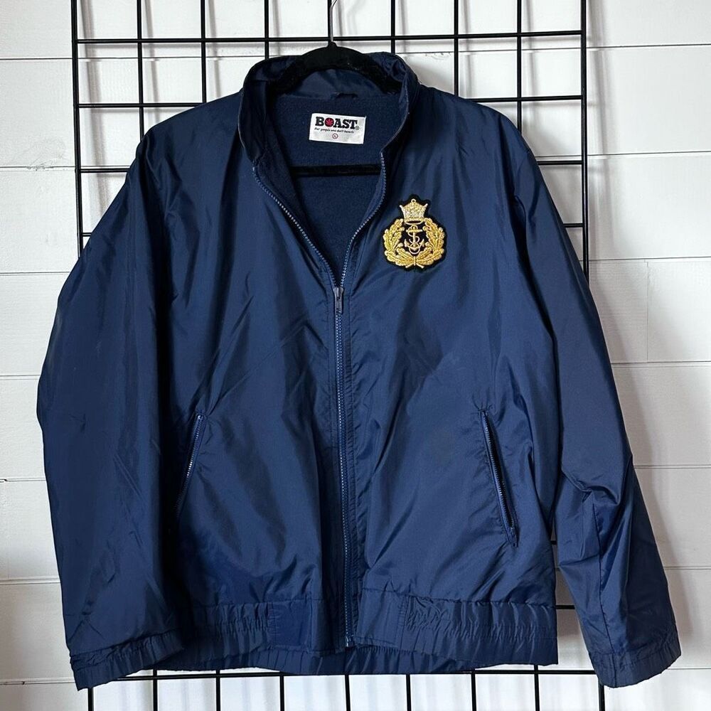 Vintage BOAST‎ Full Zip Hidden Hood Windbreaker Womens L Navy Royal Crest